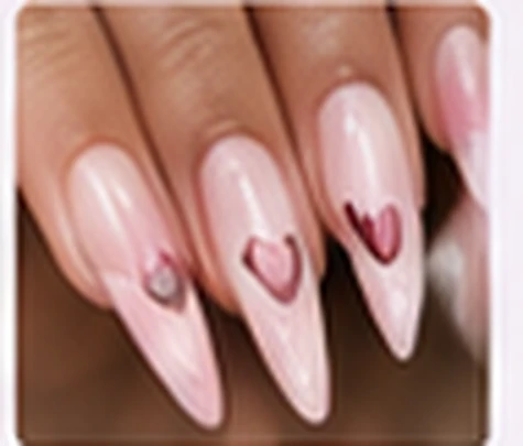 Soft pink nails with tiny red heart accents